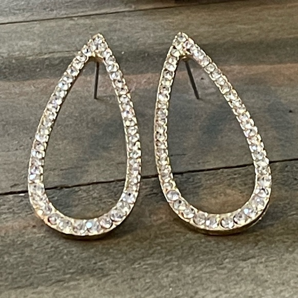 New Crystal Rhinestone Pave Open Teardrop Gold-tone 1.5 inch Glam Earrings - Picture 5 of 5